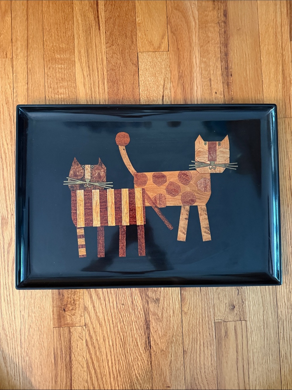 Vintage 60’s MCM Large Wood & Brass Inlay Couroc Tray w/ 2 Cats